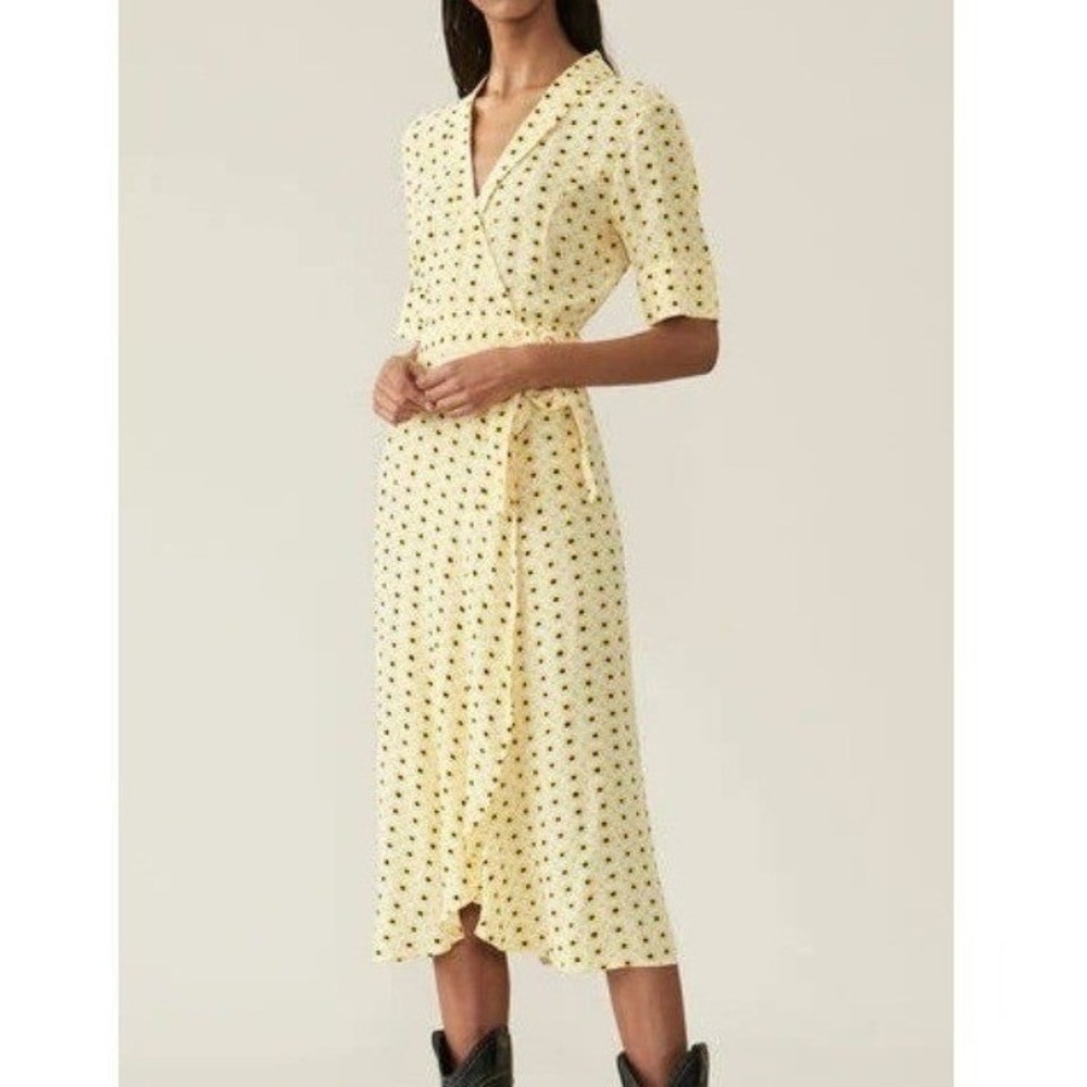 GANNI Sunflower Floral Wrap Midi Dress EU 34 US 2 Yellow‎ Crepe NWT
